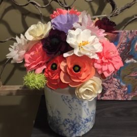 Crepe Paper Flowers in Blue Vase